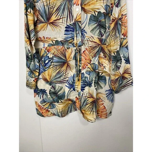 Chico’s Dress Hawaiian Floral Size 3 16/18 Linen Snap Up Pocket Drawstring Slits - Picture 4 of 16